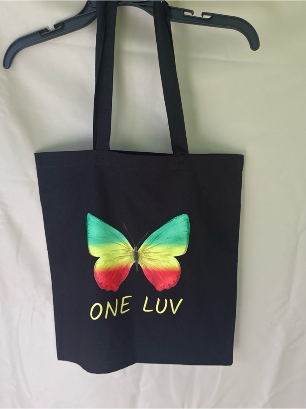 One Luv Butterfly Print Black Tote Bag